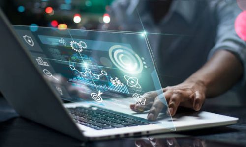 Data scientists. Male programmer using laptop analyzing and developing in various information on futuristic virtual interface screen. Algorithm. marketing and deep learning of artificial intelligence